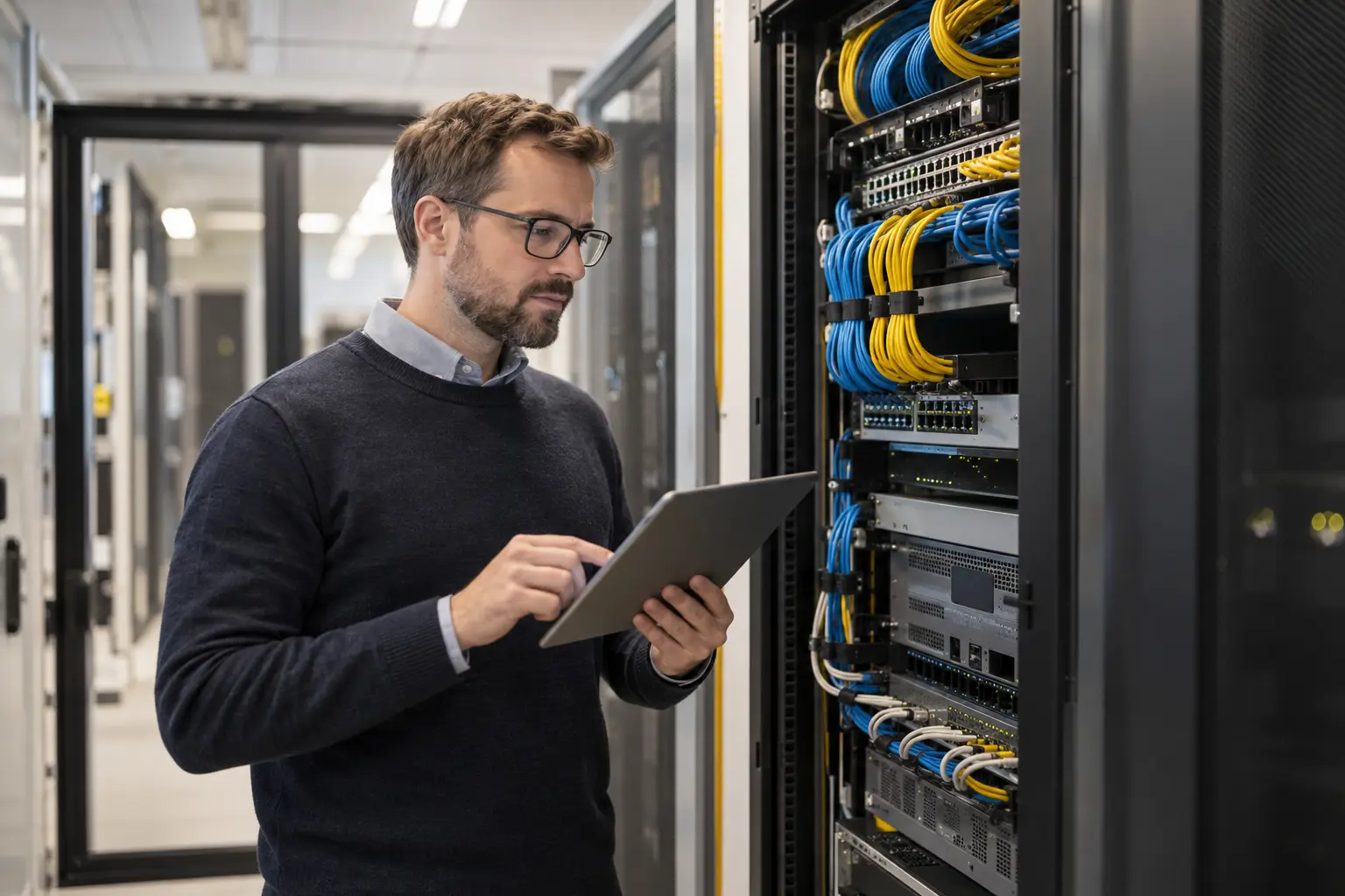 IT-Fachkraft prüft die Kommunikationsinfrastruktur im Unternehmen
