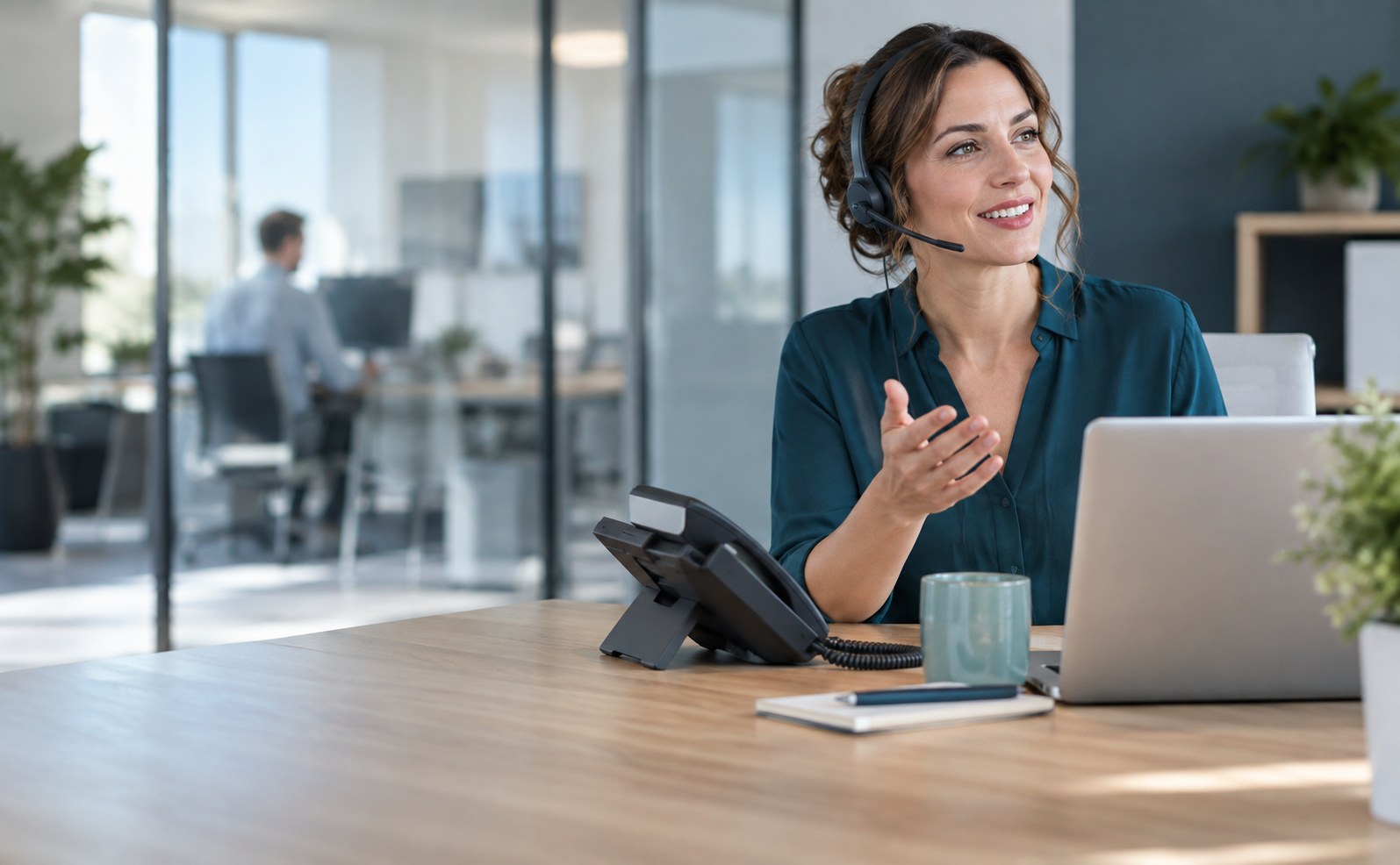 Mitarbeiterin mit Headset am Arbeitsplatz – Telefonie für Unternehmen