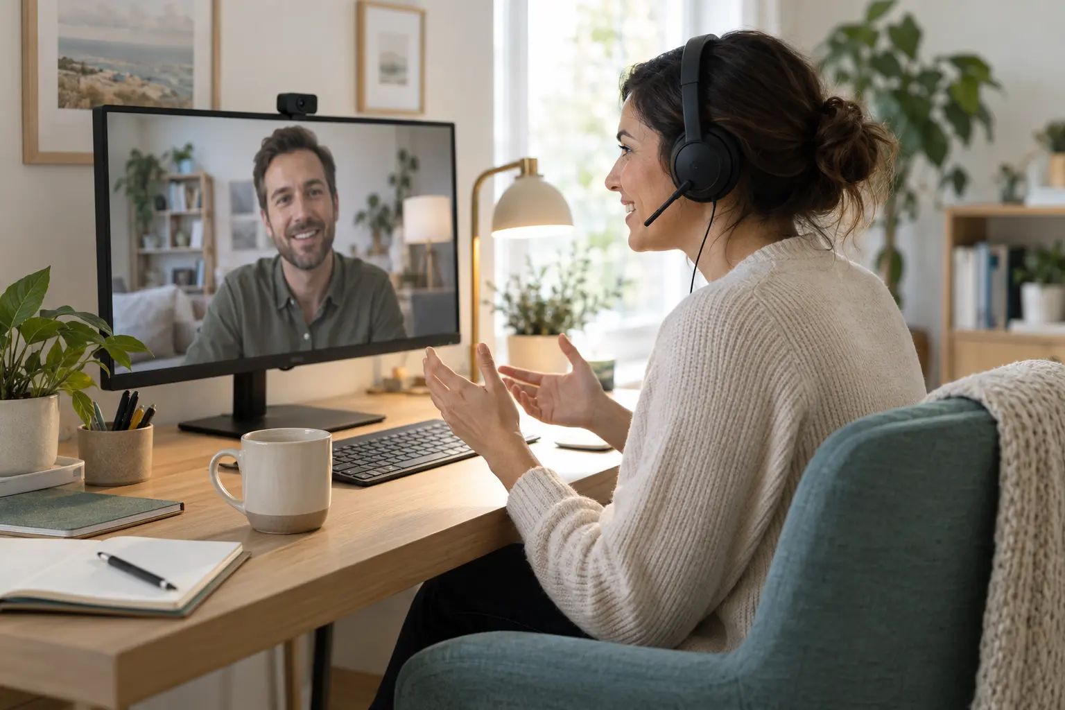 Videogespräch im Homeoffice mit Headset, Webcam und guter Beleuchtung