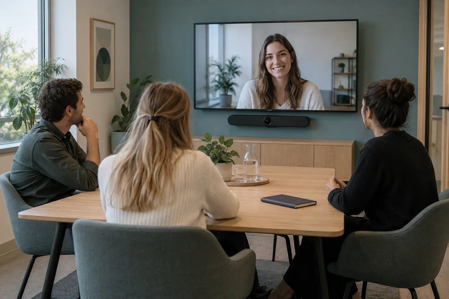 Kleines Team im Videogespräch mit Display und Videobar