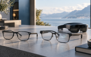 Drei unterschiedliche smarte Brillen für Audio, Display und virtuelle Realität auf einem Tisch