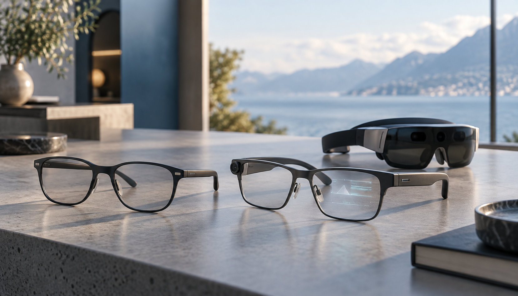 Drei unterschiedliche smarte Brillen für Audio, Display und virtuelle Realität auf einem Tisch