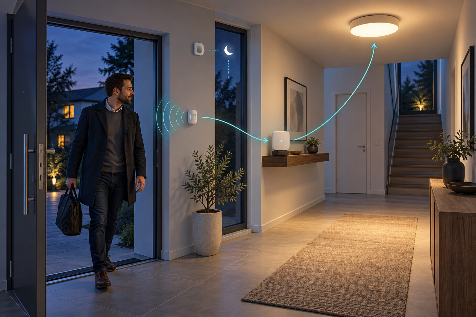 Bewegungsmelder und Dunkelheitssensor steuern über die Smart-Home-Zentrale automatisch das Flurlicht