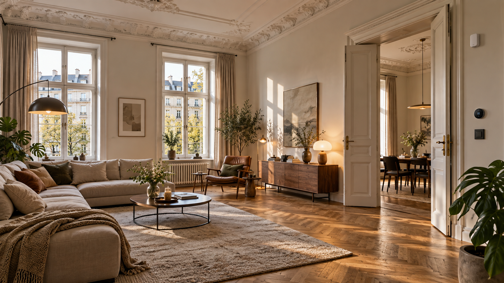 Stilvoller Altbau-Wohnraum mit dezent integrierter Smart-Home-Technik