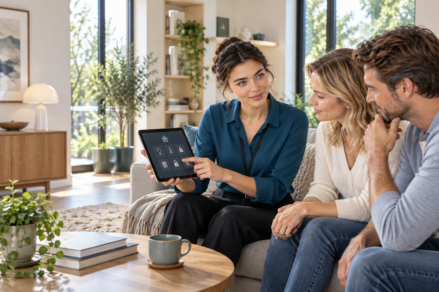Beraterin erklärt jungen Erwachsenen Smart Home am Tablet