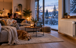 Smart Home im Winter mit Heizkörperthermostat, Energieanzeige und warmem Wohnzimmer
