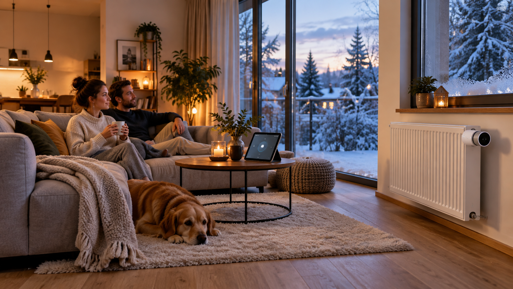 Smartes Wohnzimmer im Winter mit Heizkörperthermostat und Energieanzeige