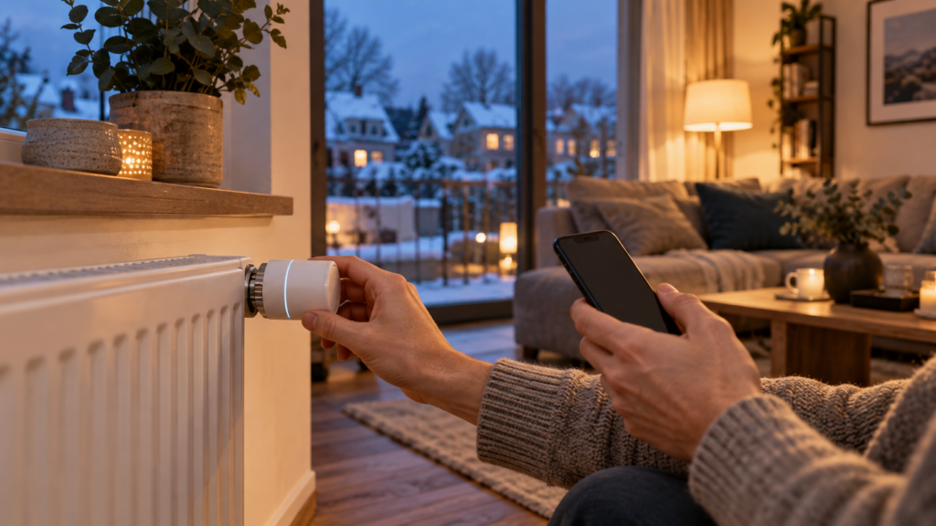 Smartes Heizkörperthermostat im warmen Wohnzimmer bei winterlicher Außentemperatur