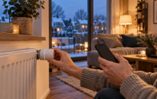 Smartes Heizkörperthermostat im warmen Wohnzimmer bei winterlicher Außentemperatur