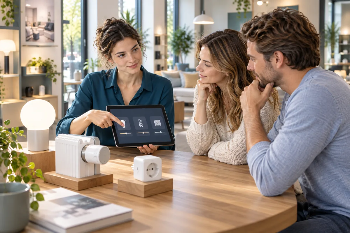 Beraterin erklärt jungen Erwachsenen Smart Home am Tablet