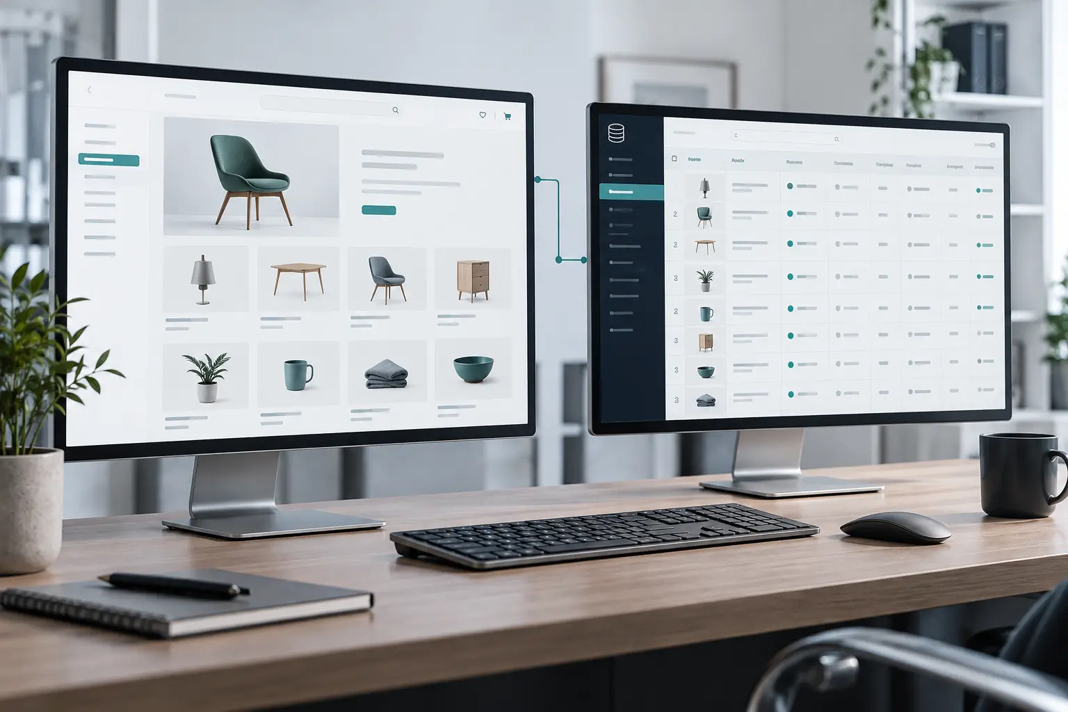 Professioneller Arbeitsplatz mit Shop- und Datenbankansichten