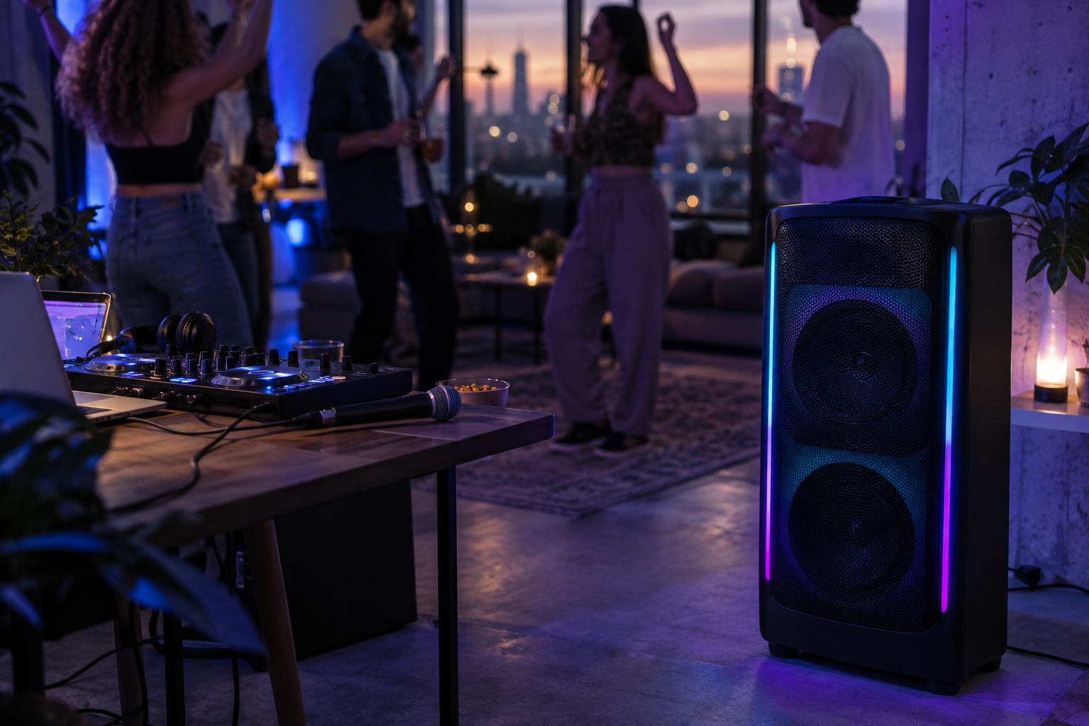 Beleuchteter Partylautsprecher neben DJ-Pult und Mikrofon in einem modernen Loft