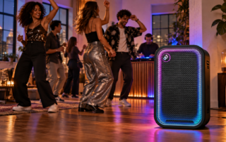 Sony ULT Tower 5 in einem modernen Partyraum mit tanzenden Menschen und DJ