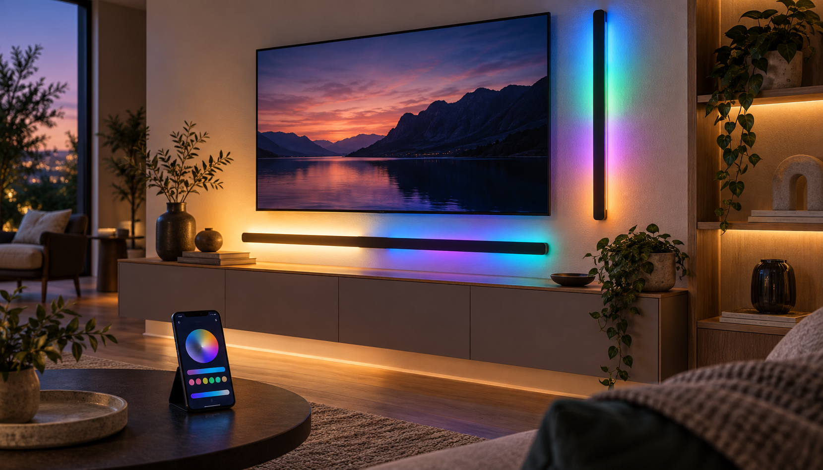 Smarte Lichtleisten erzeugen warmes Weißlicht und mehrfarbige Lichtszenen an einer Medienwand