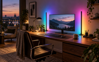 Zwei smarte SwitchBot Light Bars beleuchten einen modernen Schreibtisch mit farbigem RGBICWW-Licht