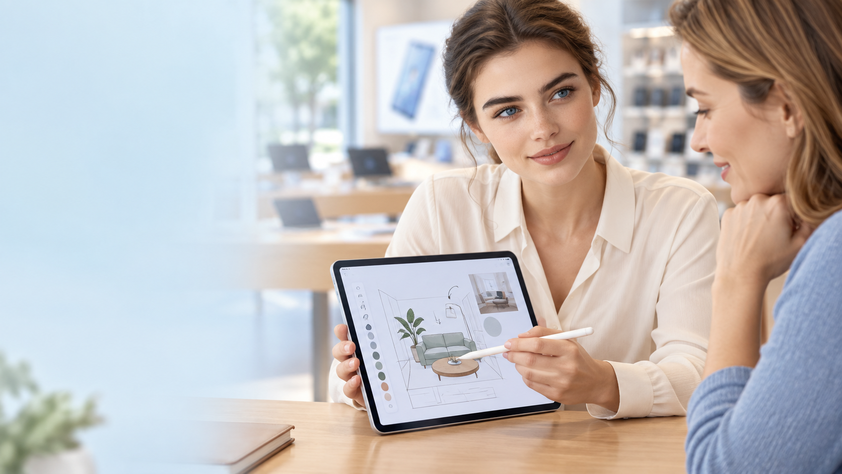 Beraterin erklärt einem Kunden einen Tablet-Computer