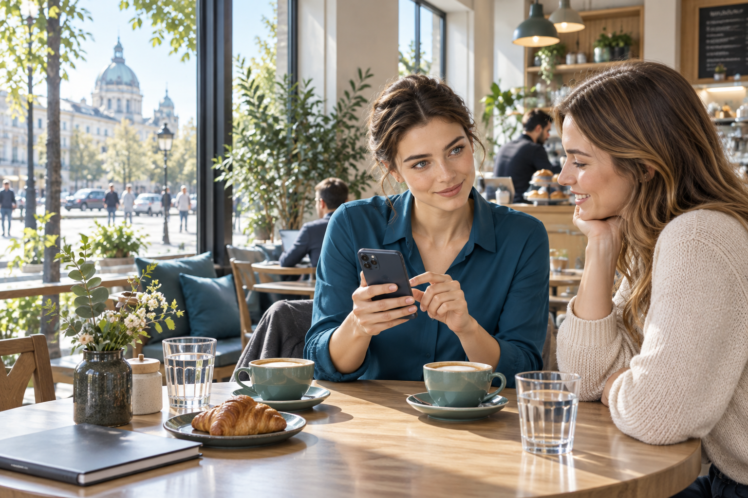 Frau nutzt ihr Smartphone im Café
