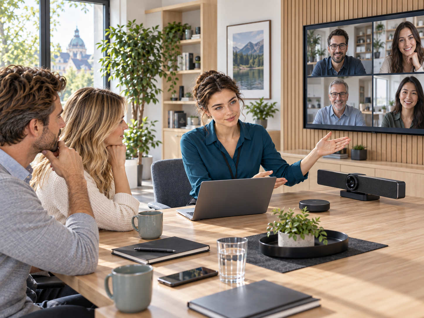 Beraterin erklärt einem Team die Videokonferenztechnik