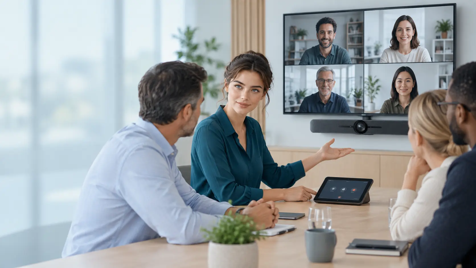 Beraterin erklärt einem Team die Videokonferenztechnik