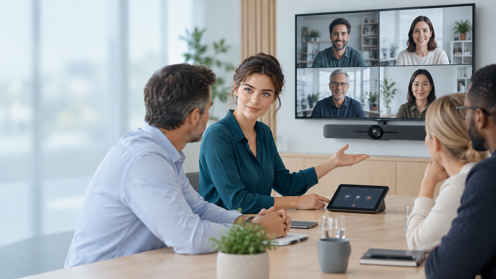 Beraterin erklärt einem Team die Videokonferenztechnik