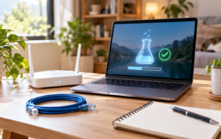 Router in einer hellen Arbeitsumgebung neben einem schematischen Labor- und Updatezeichen