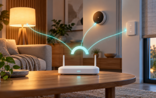 Stilisierter Router als Verbindungspunkt zwischen einem Heizkörperthermostat, einer Leuchte und einem Smart-Home-Display