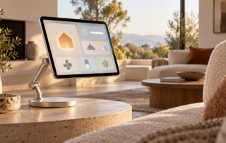 Konzeptdarstellung eines Smart-Home-Displays auf einem beweglichen Gelenkarm in einer hellen Küche