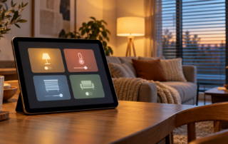 Tablet mit einer schematischen Smart-Home-Übersicht aus Kacheln in einem hellen Wohnraum