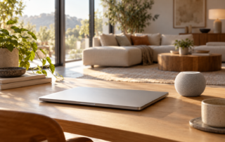 Symbolbild für Apple-Home- und Mac-Themen: neutraler Laptop und smarter Lautsprecher auf einem Schreibtisch