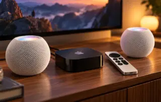 Apple-TV-Box mit silberner Fernbedienung und zwei weißen HomePod-mini-Lautsprechern auf einem TV-Möbel.