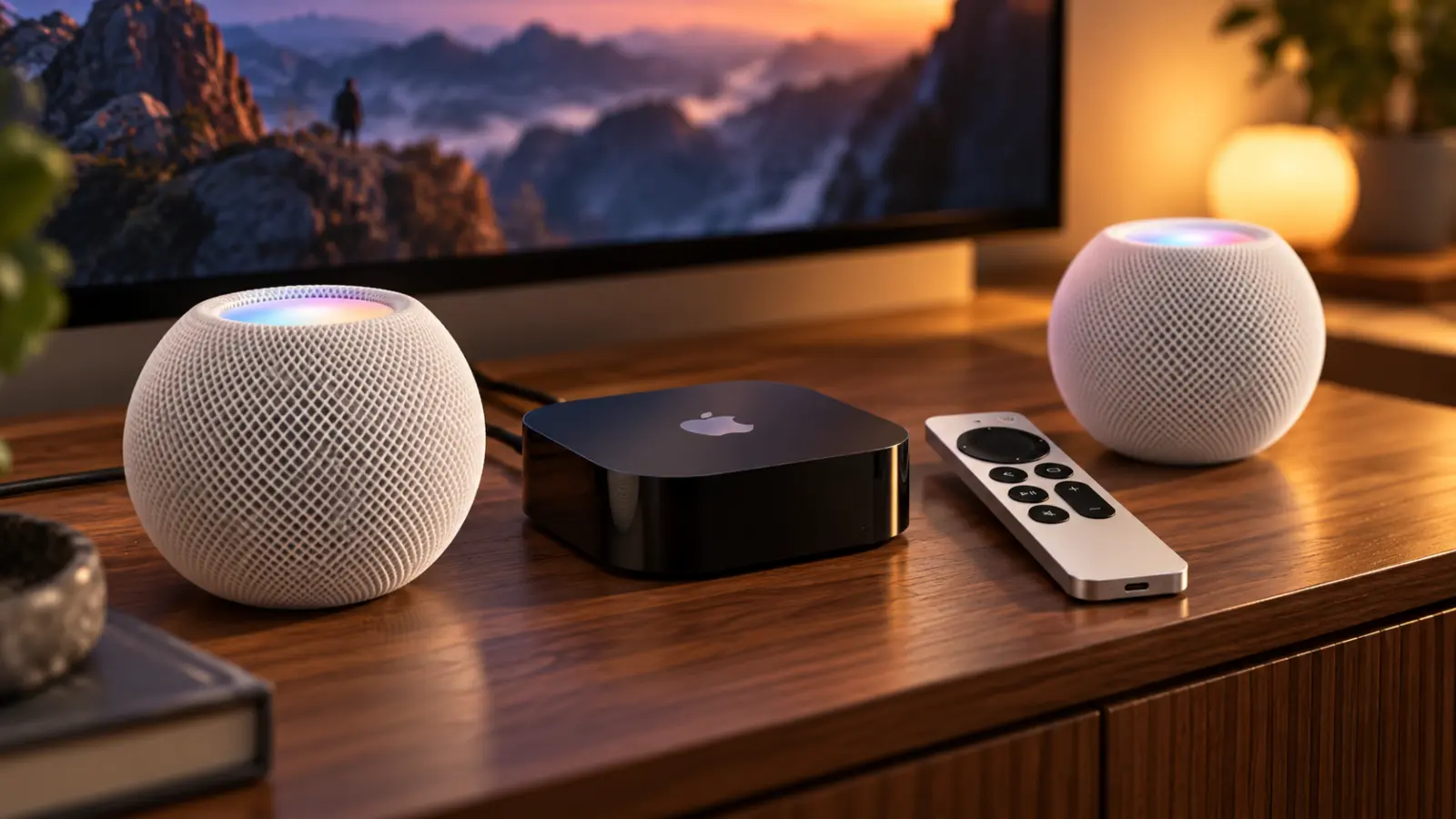 Apple-TV-Box mit silberner Fernbedienung und zwei weißen HomePod-mini-Lautsprechern auf einem TV-Möbel.