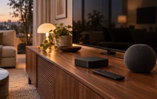 Neutrales Wohnzimmermotiv mit Streaming-Box, Fernbedienung und kompaktem Lautsprecher vor einem ausgeschalteten Fernseher.