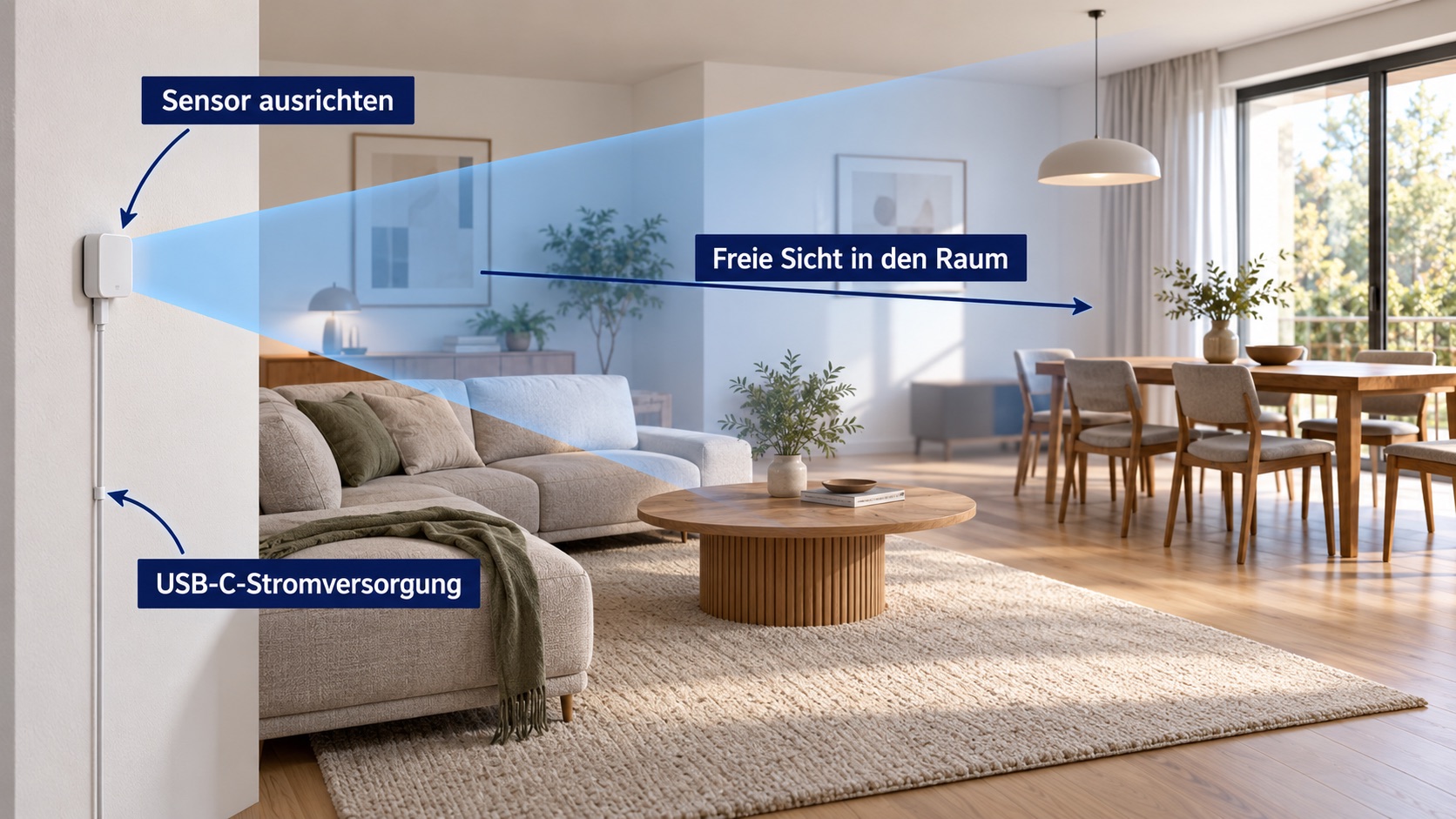 Schematische Montage des Aqara FP400: Sensor zum freien Raum ausrichten und per USB-C mit Strom versorgen.