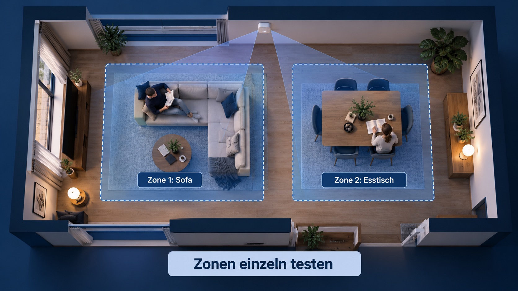 Schematische Zonenplanung für Aqara FP400: Sofa und Esstisch als getrennte Erkennungsbereiche testen.
