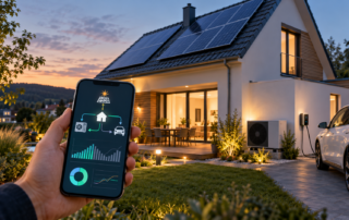 Smartphone mit Energieübersicht vor einem Haus mit Solaranlage, Wärmepumpe und ladendem Elektroauto