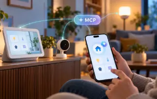 Smartphone mit MCP-Symbol vor einem smarten Display, einer Innenkamera und einer eingeschalteten Lampe.