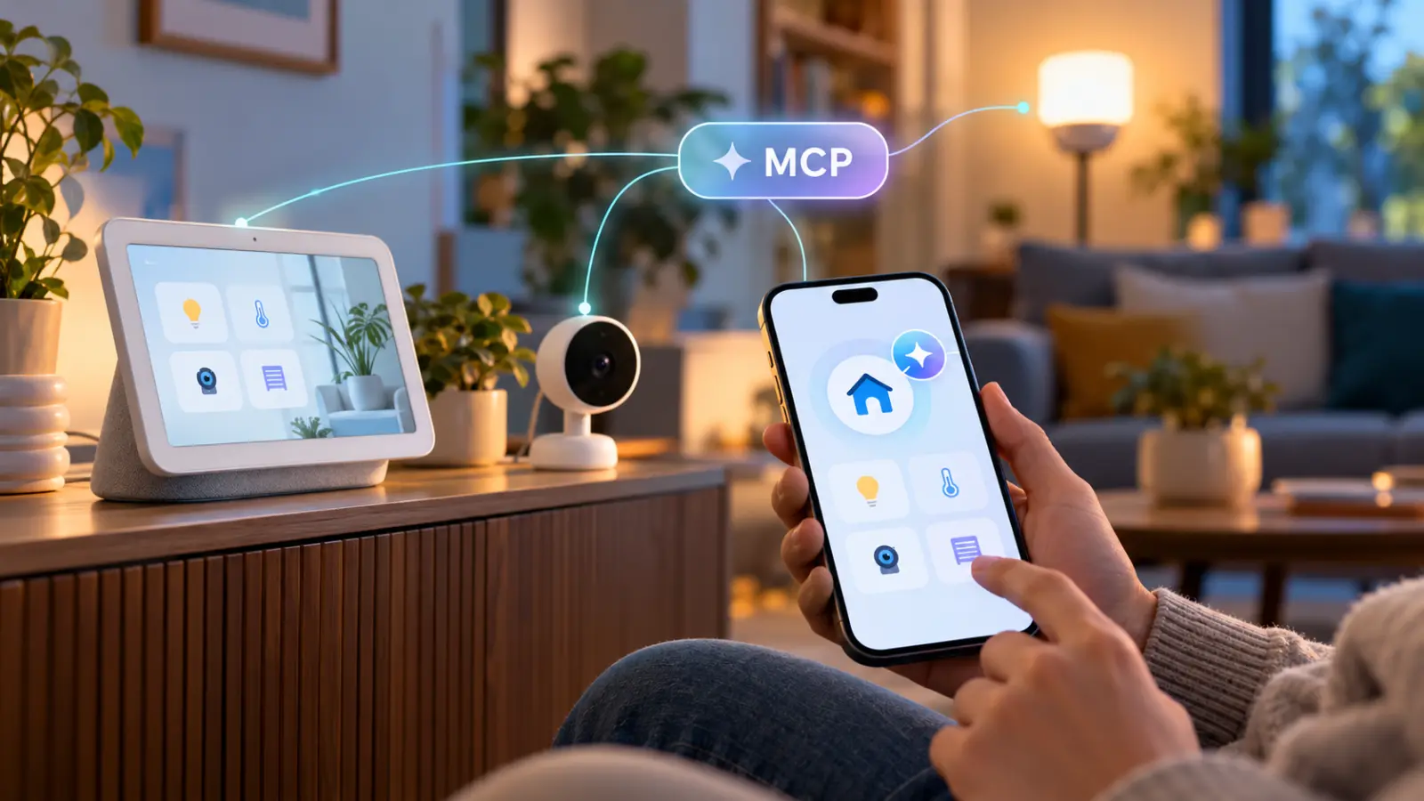 Smartphone mit MCP-Symbol vor einem smarten Display, einer Innenkamera und einer eingeschalteten Lampe.