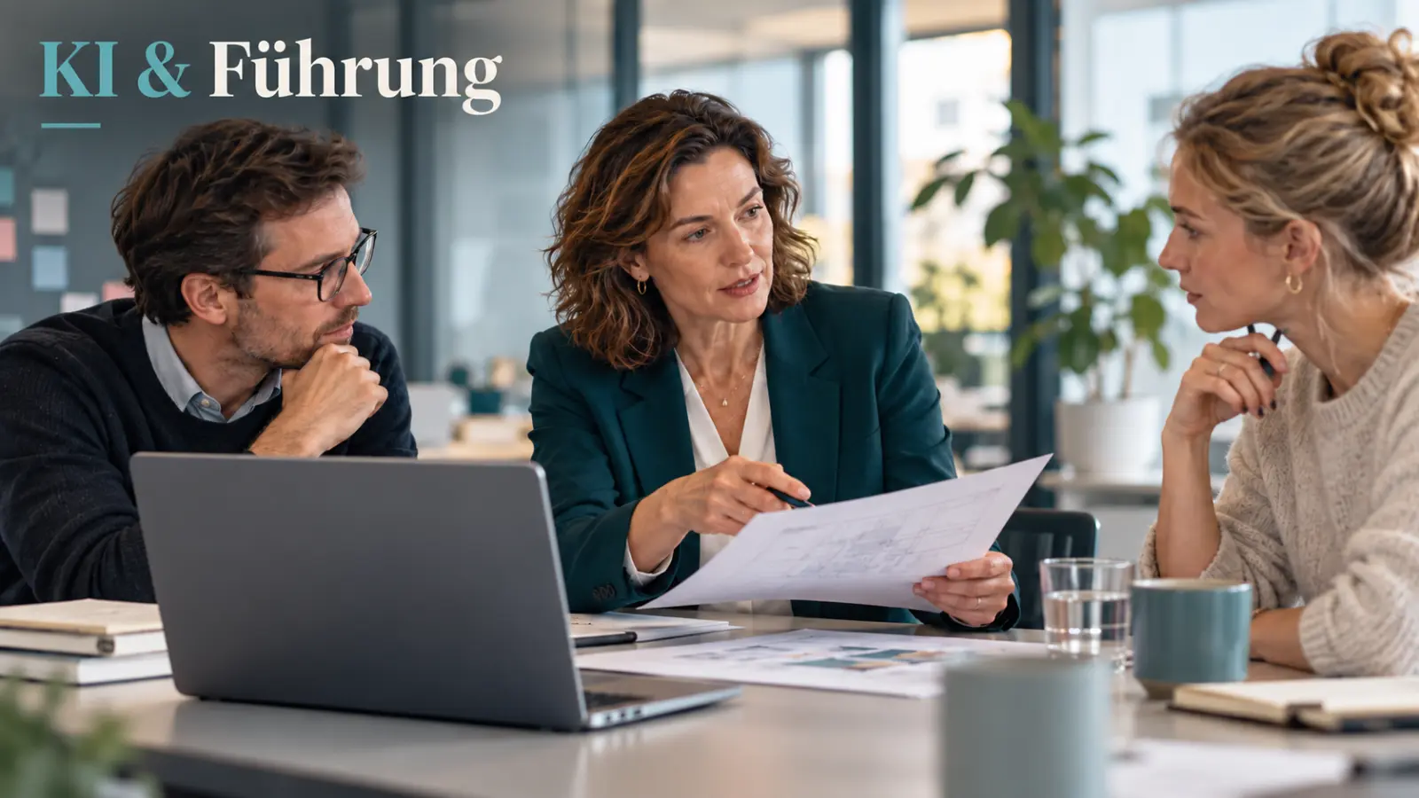 Eine Führungskraft bespricht mit zwei Kollegen einen Projektplan; davor steht ein geöffneter Laptop mit normalem Gehäusedeckel.