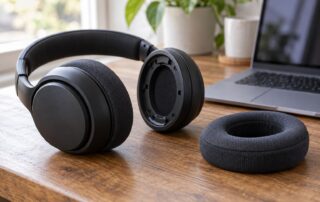 Neutrale Over-Ear-Kopfhörer mit einem separaten Ohrpolster auf einem Holztisch