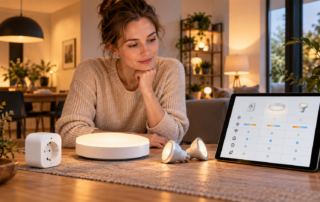 Eine Person vergleicht smarte Steckdose, Deckenleuchte und LED-Spots auf einem Tisch