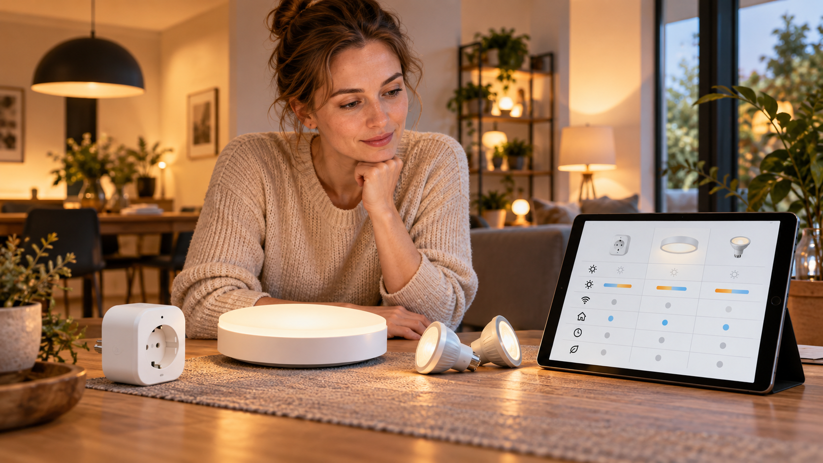 Eine Person vergleicht smarte Steckdose, Deckenleuchte und LED-Spots auf einem Tisch