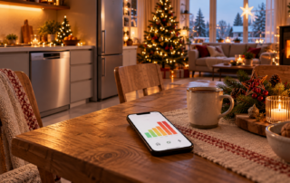 Eine festlich beleuchtete Küche mit LED-Lichterkette und einem Smartphone mit Verbrauchsdiagramm