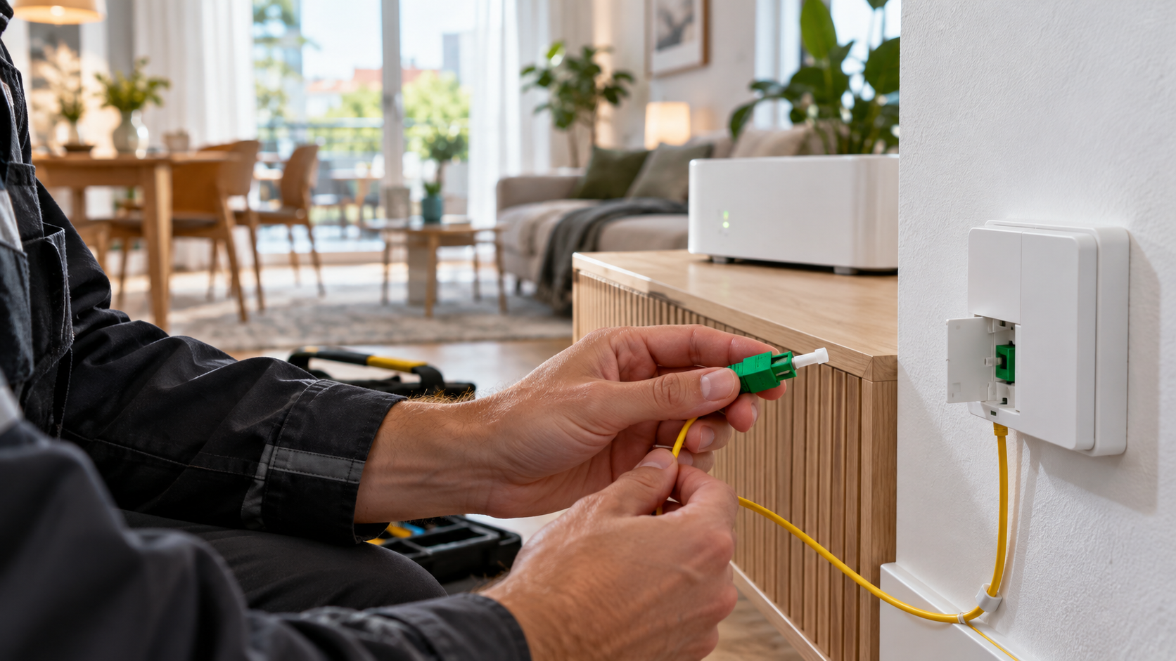 Ein Techniker hält einen geschützten Glasfaserstecker neben einem Router in einer Wohnung