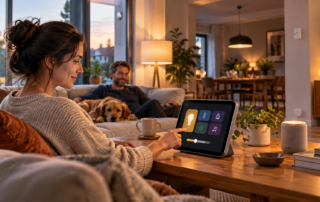 Ein Smart-Home-Display steuert die Beleuchtung in einem gemütlichen Wohnzimmer
