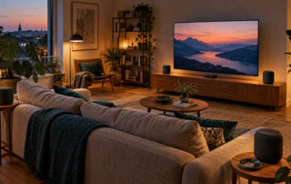 Wohnzimmer mit vier kompakten Lautsprechern vor und hinter dem Sofa und einer Streamingbox am Fernseher