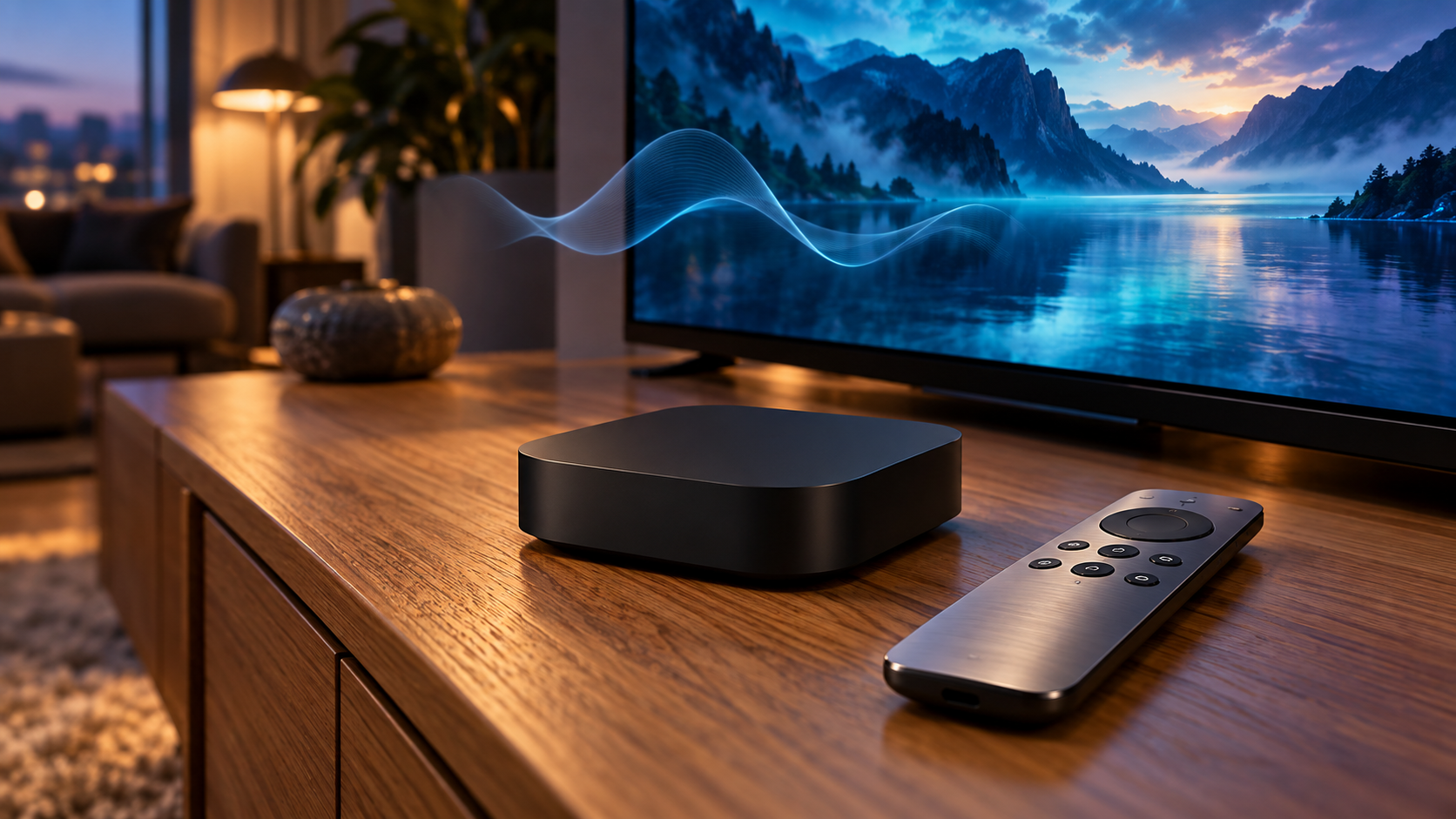 Kompakte Streamingbox mit Fernbedienung auf einem TV-Möbel vor einem leuchtenden Fernsehbild