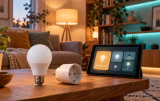 LED-Leuchtmittel und Zwischenstecker vor einem Tablet mit Lichtsteuerung in einem beleuchteten Wohnzimmer