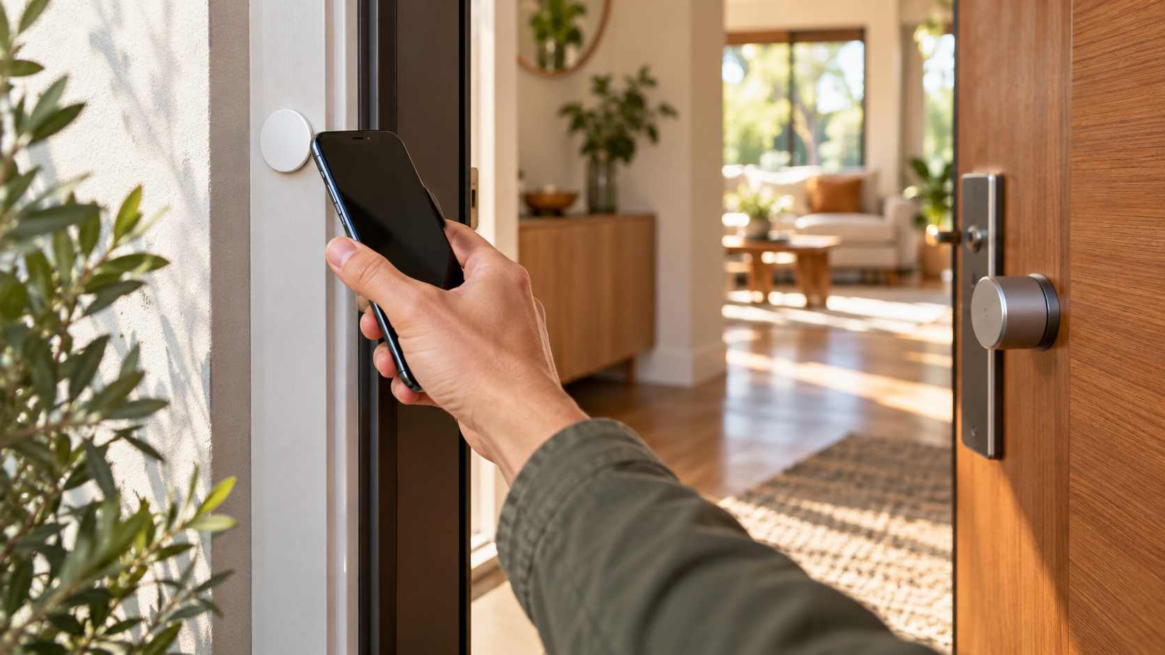 Smartphone wird an einen weißen NFC-Aufkleber am Türrahmen gehalten, ein smartes Türschloss ist sichtbar