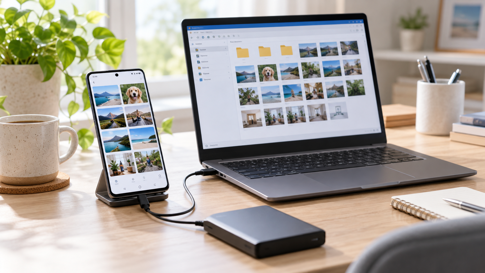 Android-Smartphone mit Fotos, Datenkabel, Notebook und externem Speicher auf einem hellen Tisch