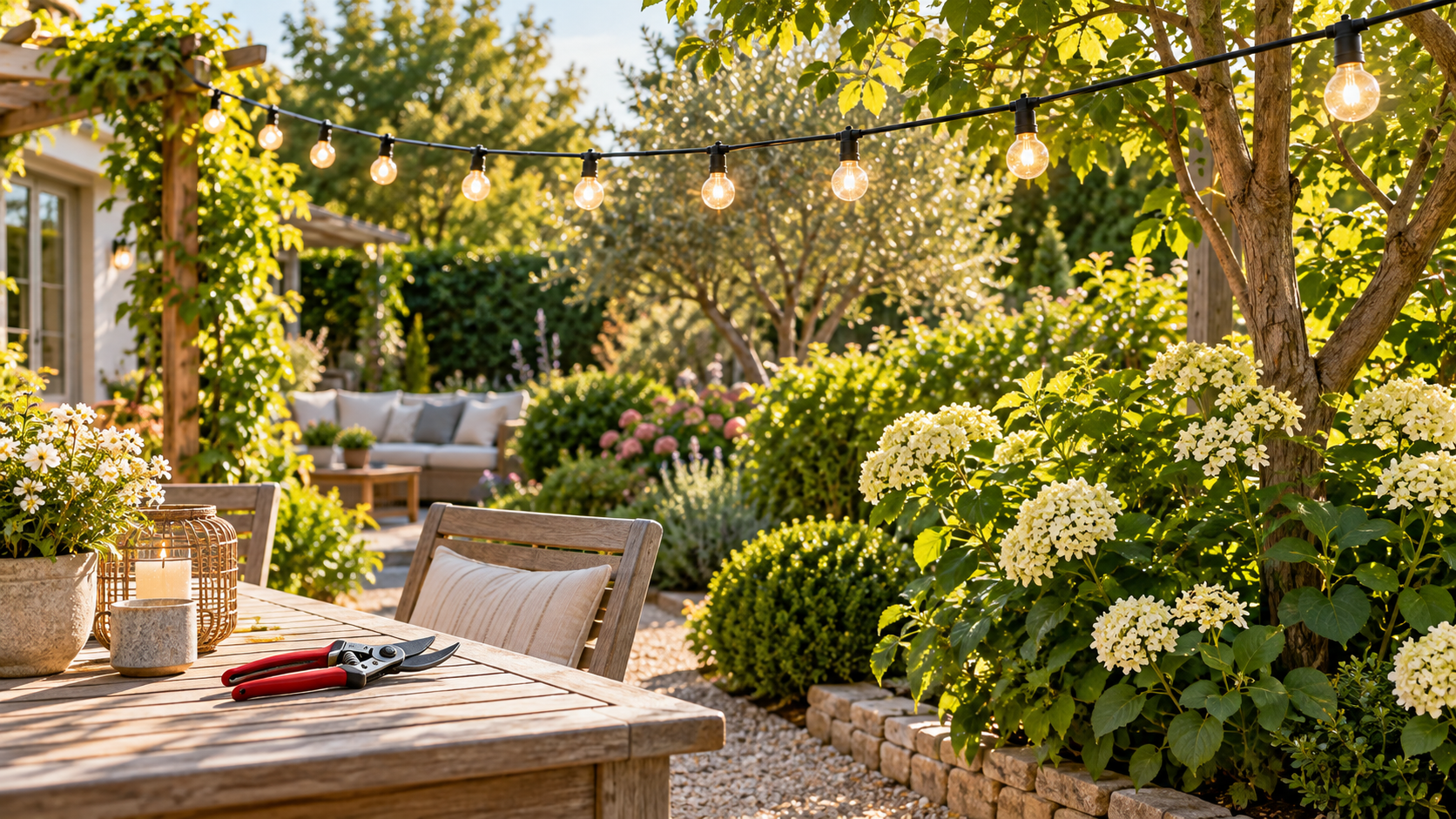 Lichterkette über einer freundlichen Gartenterrasse, eine Gartenschere liegt mit Abstand auf dem Tisch